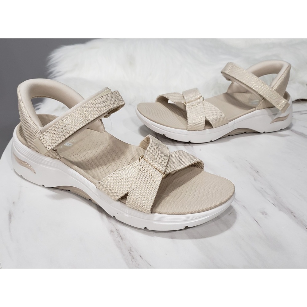 Size 10 WIDE Skechers Slip-ins GO Walk Arch Fit Sandals Ava BEIGE SHIMMER